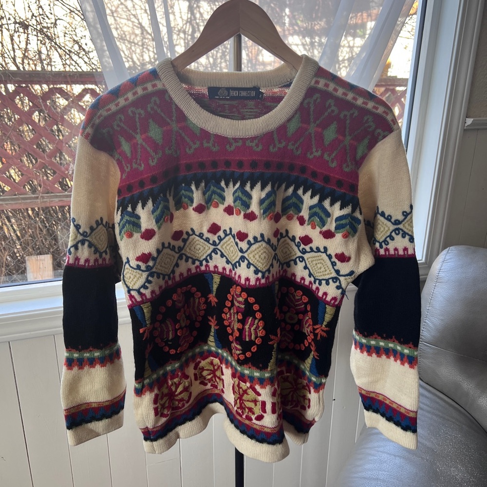 French Connection Vintage embroidered 100% wool sweater